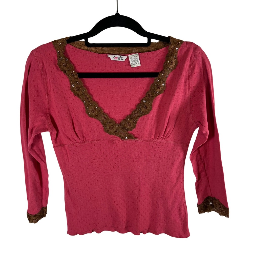 Pout Pink Pointelle Knit VNeck Top Brown Lace Sequin Trim XL Long Sleeve Vintage